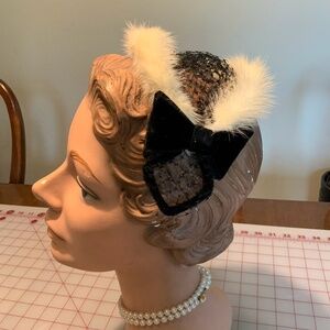 Vintage 1950s White Fur-edged Black Velvet and Net Hairband Hat